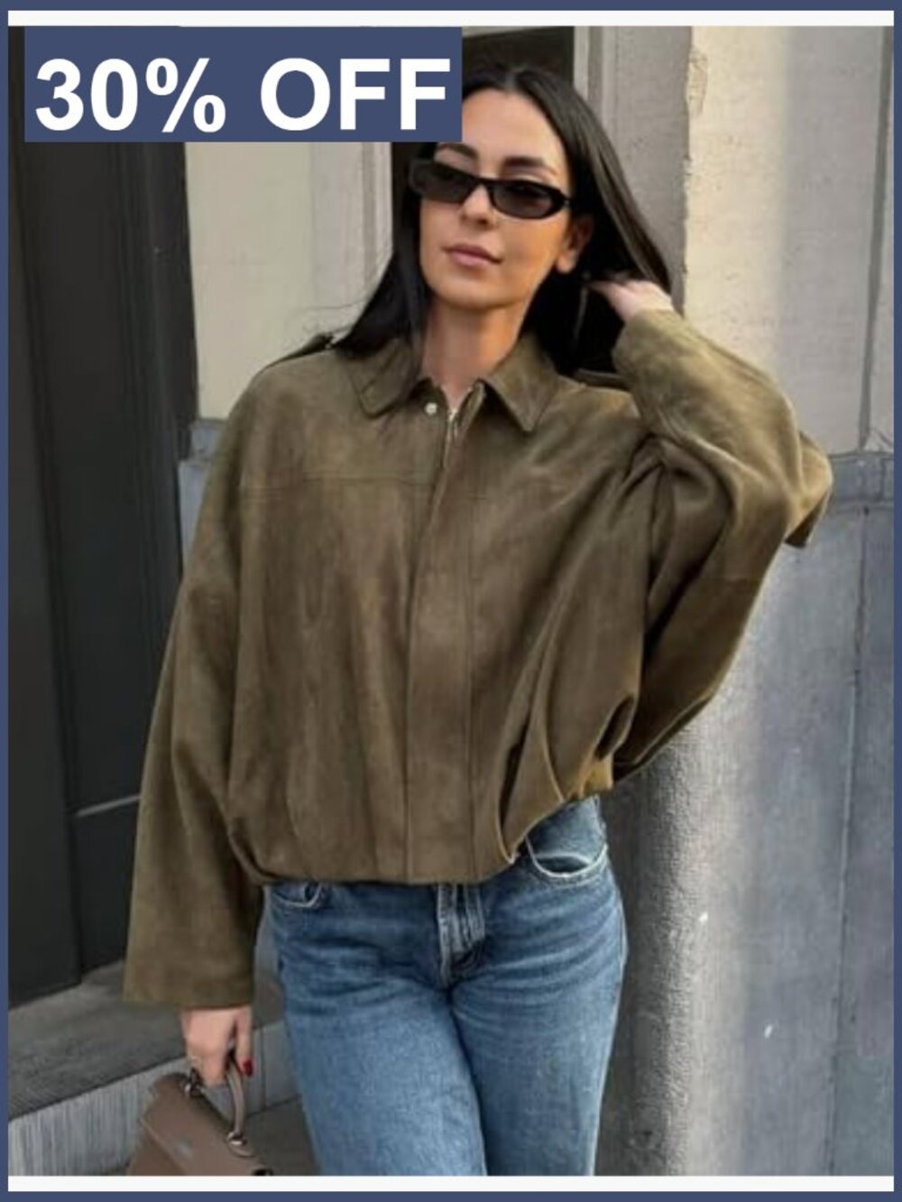 Faux Suede Bomber Jacket Oversized Batwing Long Sleeve Zip Up Cropped Streetwear - Picture 3 of 7
